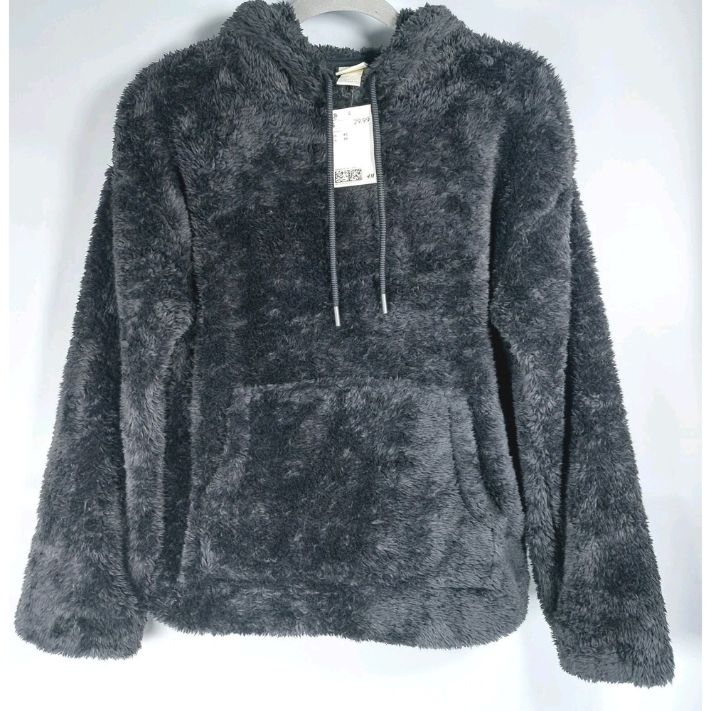 New H&M Sherpa Hoodie Sweatshirt Wmns XS Black Drawstring Pullover Fuzzy Fleece